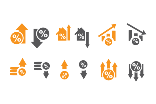 Low and high interest rate icon set. Percentage, growth, decline, mortgage, loan and finance symbols with up and down arrows for banking and economy. Solid vector icons collection