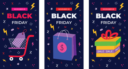 Set of black friday square sale banner with realistic glossy balloons, gift box and discount text. Vector illustration file