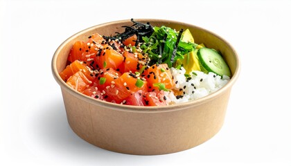 Hawaiian Salmon Poke Bowl with Avocado, Cucumber, and Seaweed in a Takeaway Container Isolated on White