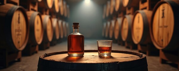 Full liquor bottle sits on wooden barrel next to glass with amber spirit. Warm inviting mood enhances aged whiskey, cognac, or bourbon in distillery cellar with rows of oak aging barrels.