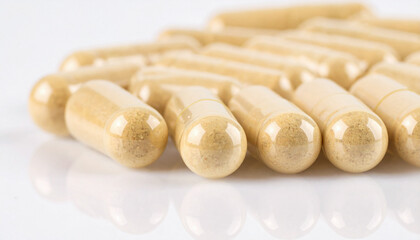 Beige Herbal Capsules Neatly Arranged on White Surface