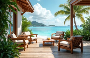 Fototapeta premium Tropical resort courtyard with brown wooden sofa furniture and table on deck floor. Ocean island background with blue skies and palm trees. Concept for holiday, leisure, vacation stay.