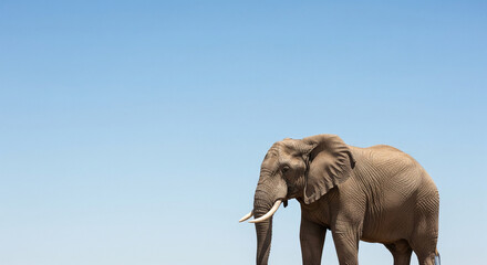 Fototapeta premium Majestic elephant with tusks stands against a clear blue sky, evoking wild nature and exploration