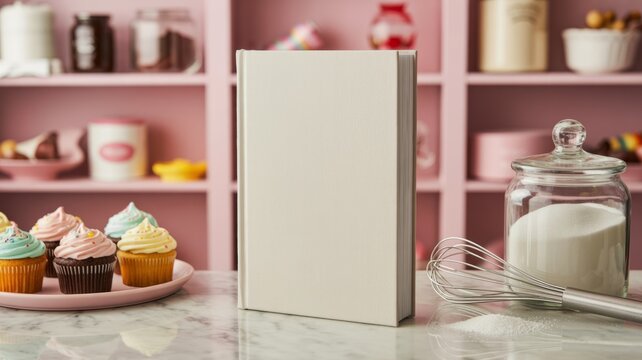 Culinary Canvas: A blank book sits poised amidst the vibrant backdrop of cupcakes and confectionery, inviting creative recipes and delightful culinary adventures.