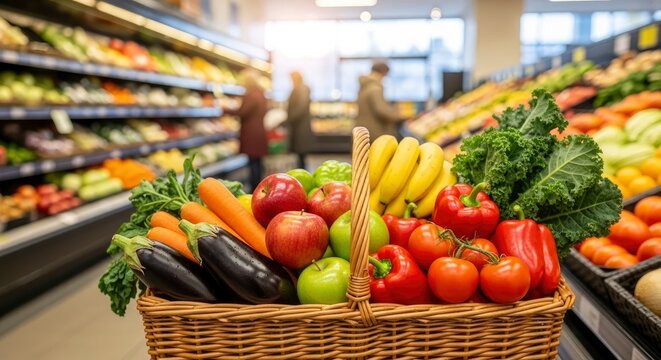 Woven basket with apples bananas carrots eggplant bell peppers tomatoes kale in a blurred supermarket aisle