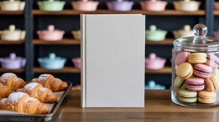Mockup Book and Bakery Delights: a Blank book stands centered against a backdrop of tempting pastries and baked goods and confectionary on wooden table, suggesting the allure of reading.