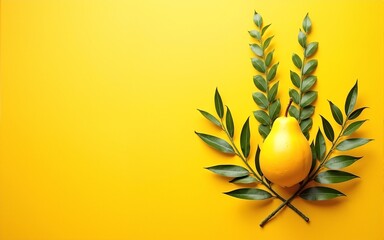 Sukkot festival symbols: palm, willow, myrtle, etrog. Horizontal banner with a lulav on a yellow background, copy space. High quality