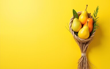 Sukkot festival symbols: palm, willow, myrtle, etrog. Horizontal banner with a lulav on a yellow background, copy space. High quality