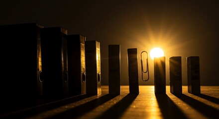 Dramatic sunlit office files and paperclip casting long shadows, concept of organization,Generated Image