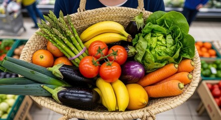 Woven basket overflowing with fresh produce green asparagus red tomatoes orange carrots green lettuce purple eggplants and yellow bananas