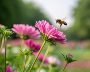 Close up bee hovering in mid air with blurred wings approaching bright pink flowers in a garden