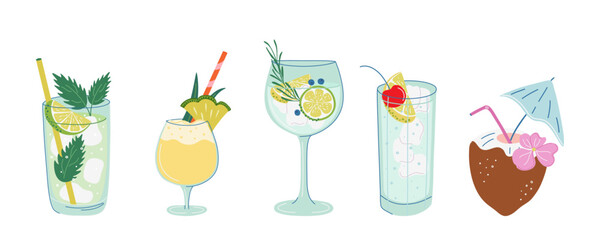 Refreshing Summer cocktails. Set of tropical alcohol drinks. Drinking glasses decorated with straws, fruits and herbs. Homemade lemonades collection. Vector illustration.
