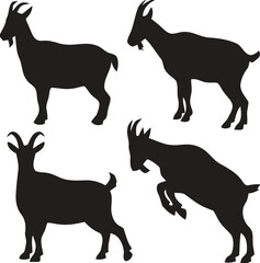Four black silhouette goats standing and jumping on white background