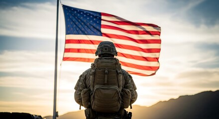 Soldier with flag, sunset, and patriotism.