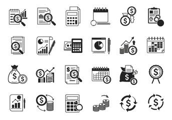 Fototapeta premium Financial icons representing business, money, investment, and profit with charts and calculations