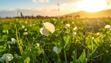 Pea blossoms in a field at sunset