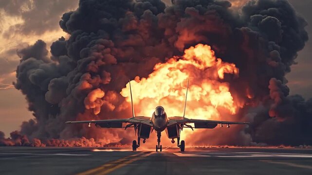 A fighter jet accelerates down the runway as flames and smoke erupt from an explosion in the backdrop during a military training event at dusk