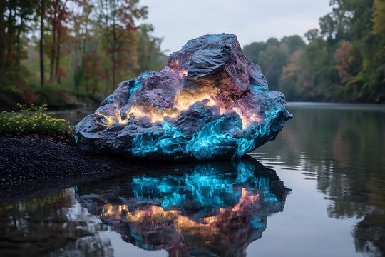 A large rock containing uranium ore glows with bright, vibrant colors beside a calm water body, adding a natural touch to the landscape.