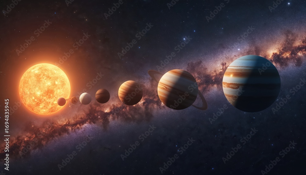 Wall mural solar system planets align with milky way galaxy backdrop. sun to jupiter depicted in cosmic space. 
