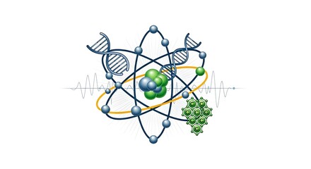 A visual representation of atomic structure, DNA, and molecular interactions, set against a backdrop of scientific wave patterns.