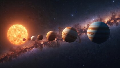 Solar System planets align with Milky Way galaxy backdrop. Sun to Jupiter depicted in cosmic space. Celestial bodies in orbit showcase universe structure. Astrophysics concept. Outer space
