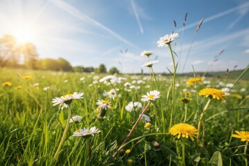 Vibrant low angle meadow shot with sun shining through lush green grass and colorful wildflowers