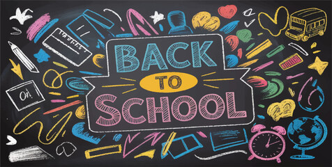 : back to school, education, chalkboard, blackboard, illustration, vector, school supplies, learning, doodle, art, drawing, colorful, student, classroom, study, teacher, welcome, banner, typography, s