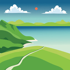 Obraz premium Blue sea and road on a green hill. Tranquil peaceful nature cartoon vector illustration.
