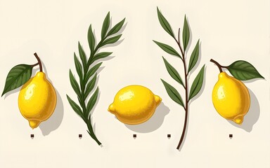Jewish holiday Sukkot - Feast of Tabernacles or Festival of Ingathering. Traditional symbols: etrog (citron), lulav (palm branch), hadas (myrtle), arava (willow). Palm leaves and lemon. Vector