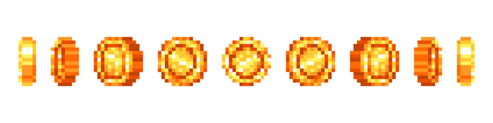 Obraz premium Pixel coin rotation. Casino game spin gold coins turn animation, game token stars reward bonus rotation effect level trophy flip badge money coin ui set