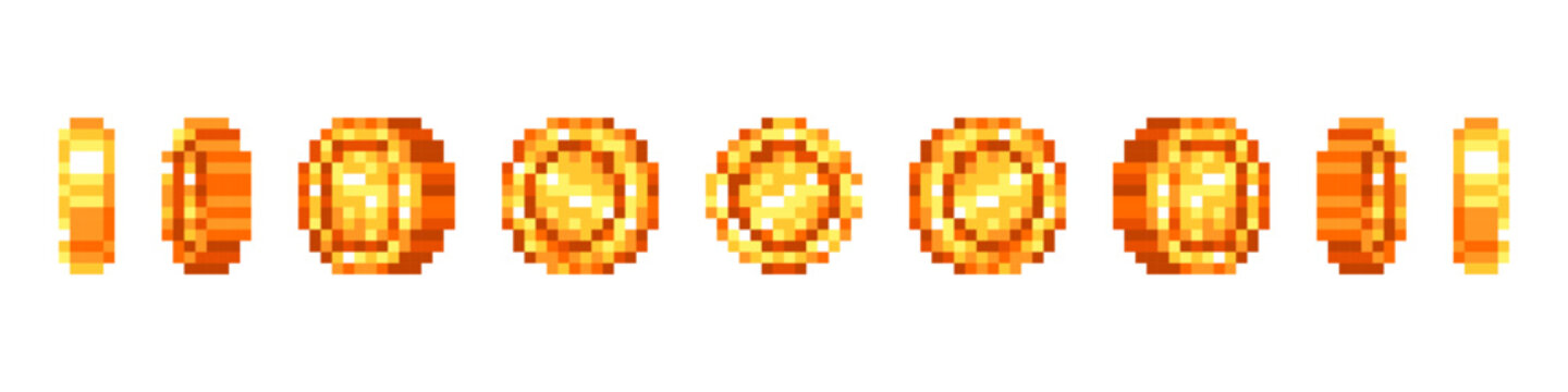 Pixel coin rotation. Casino game spin gold coins turn animation, game token stars reward bonus rotation effect level trophy flip badge money coin ui set