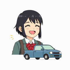 A smiling, excited young student joyfully celebrates acquiring her first reliable and affordable pre-owned car, marking a significant step towards independence.