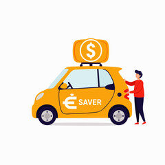 Fototapeta premium A person stands by a compact yellow car with a dollar sign, symbolizing smart, budget-friendly vehicle options and economical transportation.