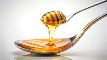 Honey Dripping from Honey Dipper Spoon onto Spoon liquid.