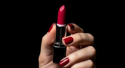 A vibrant burgundy lipstick, showcased in a hand holding it against a striking black background, exudes elegance and sophistication.