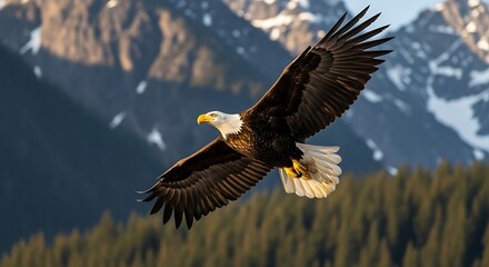Fototapeta premium A Majestic Bald Eagle in Flight Against a Mountain Backdrop