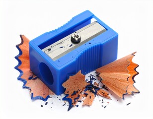 A single blue plastic pencil sharpener with a sharp metal blade surrounded by wooden shavings, isolated on a white background for a clean educational or office concept