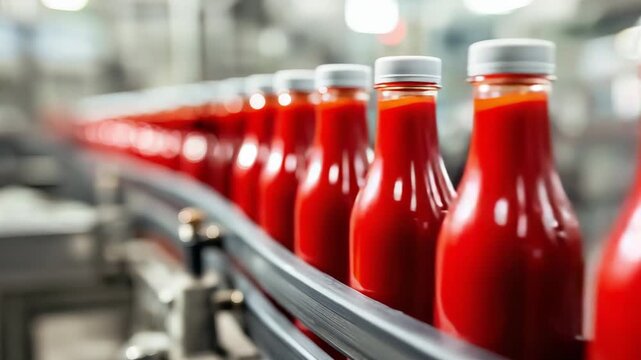 Bottles of ketchup travel along a conveyor belt in a manufacturing facility showcasing the production process of tomato sauce