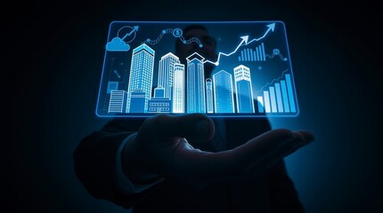 Digital landscape illustrates growth in urban buildings with financial data represented through graphics in a futuristic style