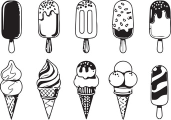 Hand drawn collection of various ice cream treats on sticks and cones
