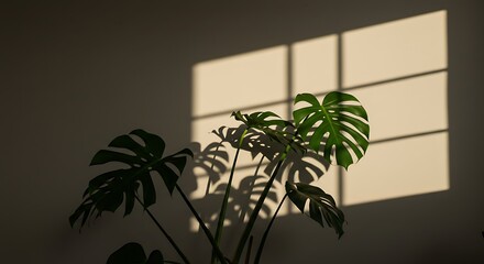 Fototapeta premium Monstera plant with natural sunlight creating shadows on the wall for a modern home aesthetic,Generated Image