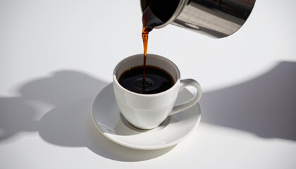 Espresso brewing coffee shot poured into white cup on saucer with strong shadow and minimalist background