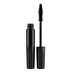 A high-gloss, black mascara bottle and wand, presented against a pure white background, showcases a simple and sophisticated design.