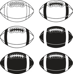 Collection of american footballs in black and white outline and solid styles