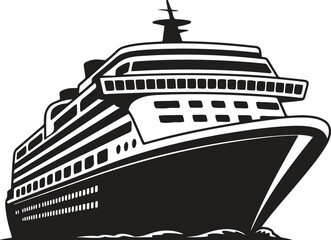 Black and white illustration of a large cruise ship sailing on the ocean