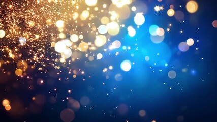Mesmerizing array of sparkling particles swirling in the air against a deep blue background illuminated by soft gold tones - Powered by Adobe