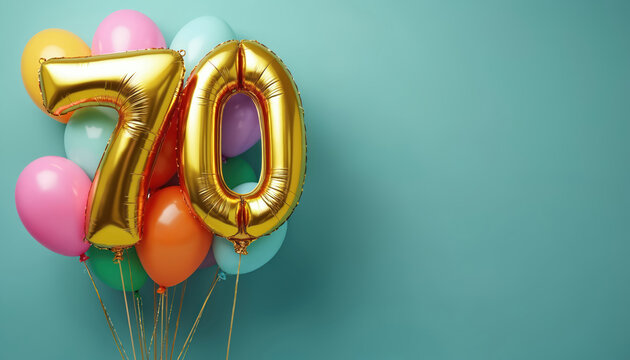 Gold foil number 70 balloons float with colorful helium balloons. Festive anniversary birthday banner graphic design. Celebrate jubilee, wedding, corporate event with bright decorations, copy space