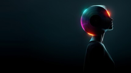 Silhouette profile of a person with a glowing vinyl record abstractly representing the head