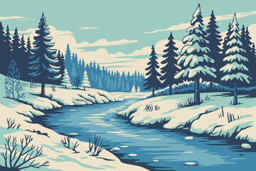 Winter Landscape with Frozen Lake Reflecting Snow-Covered Pine Trees and Calm River &ndash; Serene Nature Scene in Crisp, Cold Atmosphere