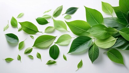 green leaves flying in the air on a white background a banner design a flat lay view of green leaves falling down isolated on a white background